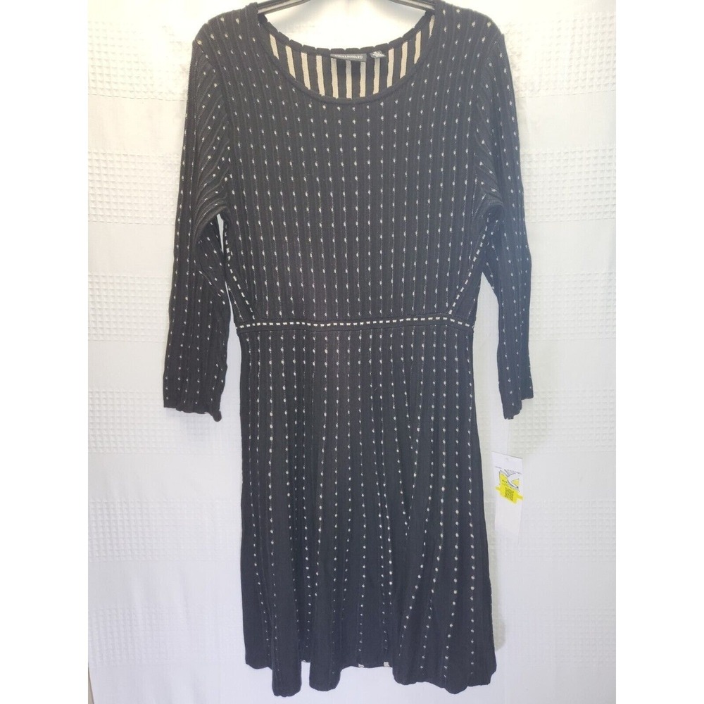 Nina Leonard Black Camel Spotted Ribbed Knit A-Line Midi Dress Womens Medium NEW